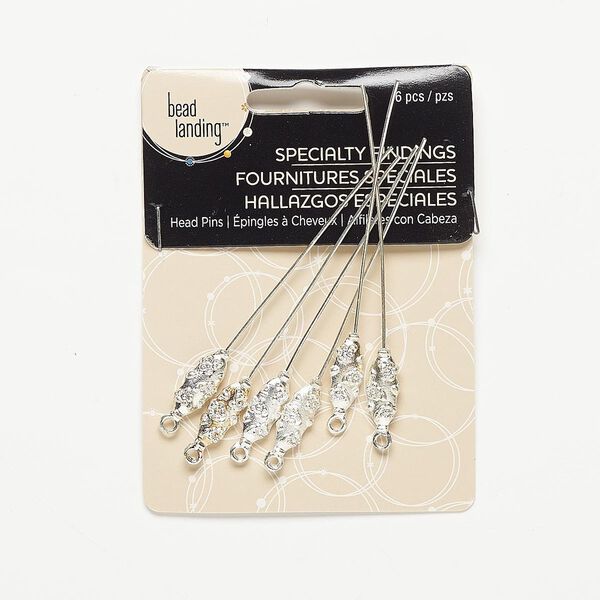 Head pin, silver-finished "pewter" (zinc-based alloy), 3 inches with 17x7mm puffed oval head and flower design with loop, 20 gauge. Sold per pkg of 6. image number 0