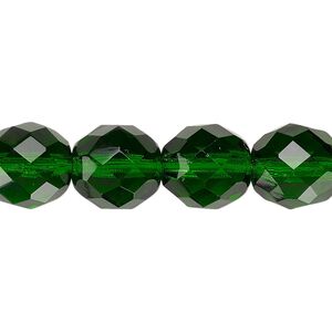 Bead, Czech fire-polished glass, pkg/15-1/2 to 16 inches, 12mm faceted round, transparent emerald green, (50140).