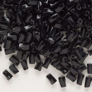 Bead, bugle bead, Czech glass, opaque black, 5x2mm twisted tube. Sold per 50-gram pkg.