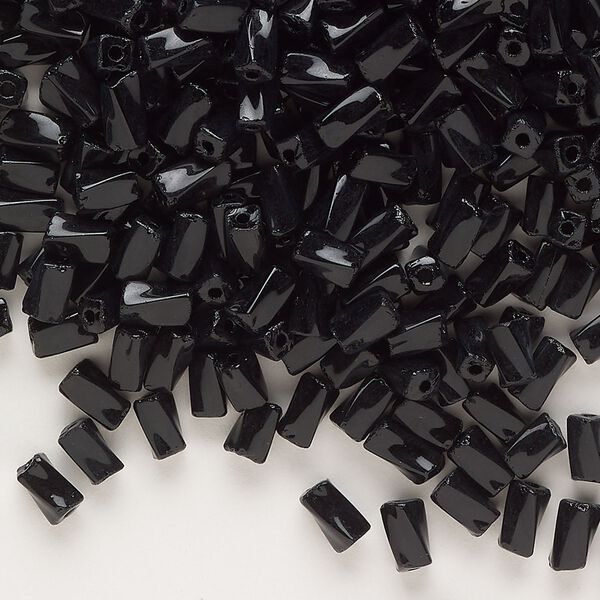 Bead, bugle bead, Czech glass, opaque black, 5x2mm twisted tube. Sold per 50-gram pkg. image number 0