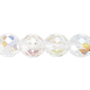 Bead, Czech fire-polished glass, pkg/15-1/2 to 16 inches, 12mm faceted round, clear AB, (00030-28701).