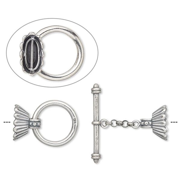 Clasp, JBB Findings, multi-strand toggle, antiqued sterling silver, 49mm long with 32mm bar and end caps with 8mm bar inside for stringing. Sold individually. image number 0