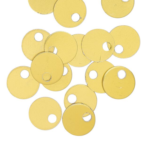 Drop, anodized aluminum, gold, 9mm double-sided flat round blank with 2mm hole, 20 gauge. Sold per pkg of 20. image number 0