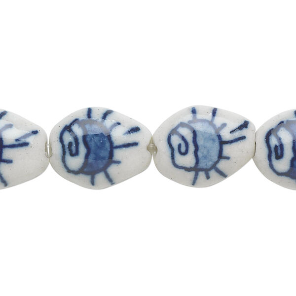 Bead, porcelain, opaque white and blue, 15x12mm puffed oval with cloud and sun. Sold per 8-inch strand, approximately 14 beads. image number 0