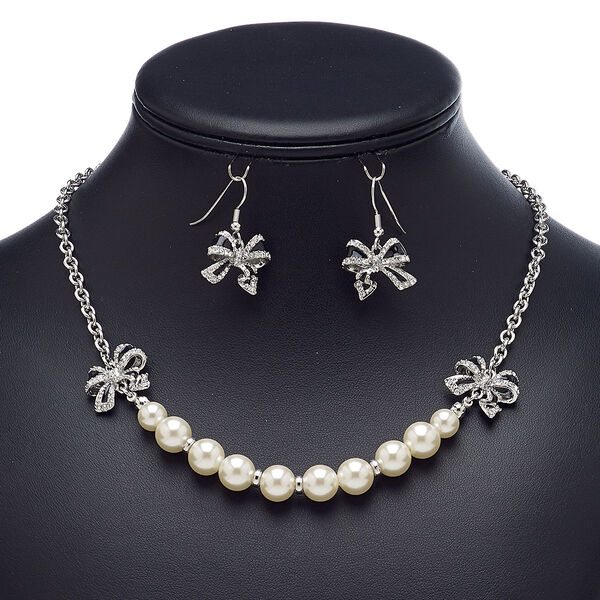 Necklace and earring set, enamel / glass rhinestone / glass pearl / imitation rhodium-finished steel / brass / "pewter" (zinc-based alloy), black / white / clear, bow, 18-inch necklace with 2-inch extender chain and lobster claw clasp, 31mm earrings with fishhook ear wire. Sold per set. image number 0