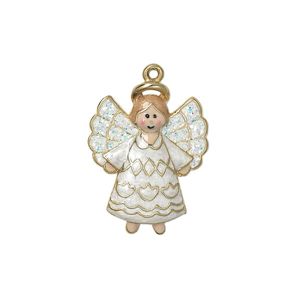 Charm, enamel and gold-finished "pewter" (zinc-based alloy), multicolored with glitter, 23x18mm single-sided angel. Sold individually. image number 0