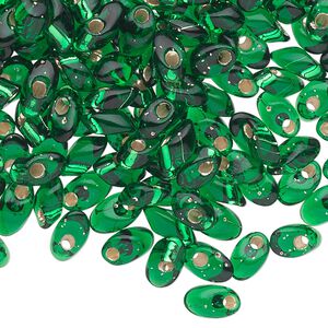 Seed bead, Miyuki, glass, pkg/250g, 7x4mm long magatama, transparent silver-lined emerald green (LMA-16).