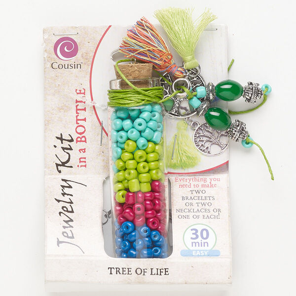 Necklace or bracelet kit, glass / steel / antique silver-finished "pewter" (zinc-based alloy) / cork / cotton, mixed colors, tree of life theme. Sold per set. image number 0