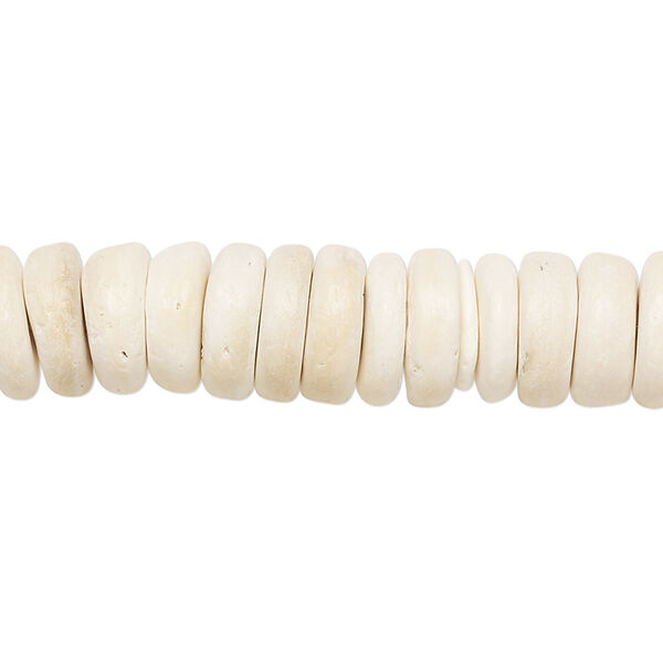 Bead, wood (bleached / waxed), white, 10x2.5mmx10.5x4mm hand-cut rondelle. Sold per 15-1/2" to 16" strand. image number 0