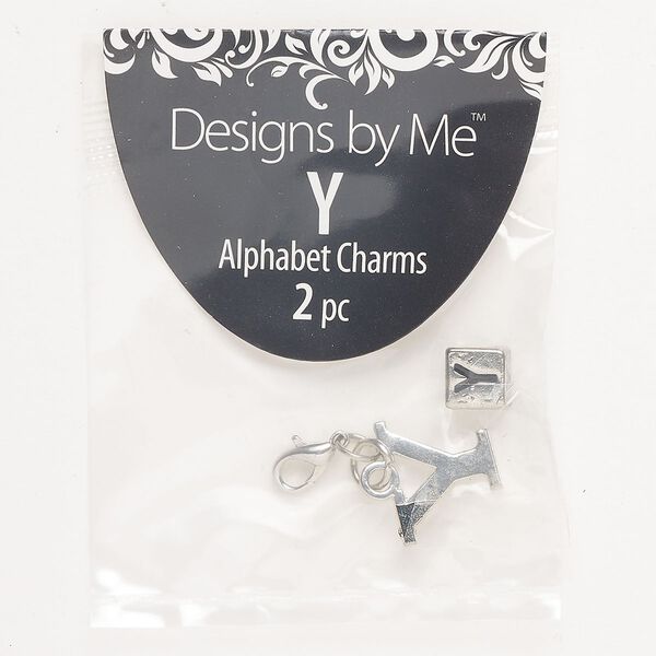 "Pewter" (zinc-based alloy)/ brass / enamel 1pkg2, "Y" charm / lobster claw clasp / cube bead antique silver-finished / black 15x13mm/7mm image number 0