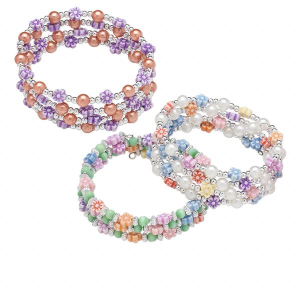 Bracelet mix, acrylic and steel memory wire, mixed colors, 3mm round / 6mm round / 6x6mm flower, 1-3/5 inch inside diameter. Sold per pkg of 3. image number 0
