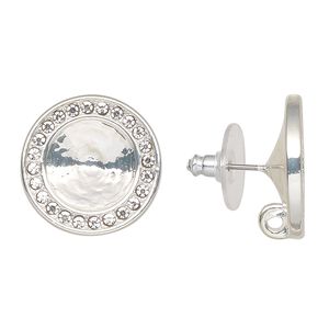 Earstud 1pkg2 Almost Instant Jewelry® "pewter" (zinc-based alloy) / cubic zirconia, 19mm round / 12mm rivoli glue-in setting / closed hidden loop / comfort clutch, silver-finished / clear 1 pair