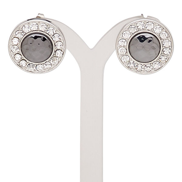 Earring, glass rhinestone / gunmetal-finished stainless steel / imitation rhodium-finished brass / "pewter" (zinc-based alloy), clear, 20mm with round and post. Sold per pair. image number 0