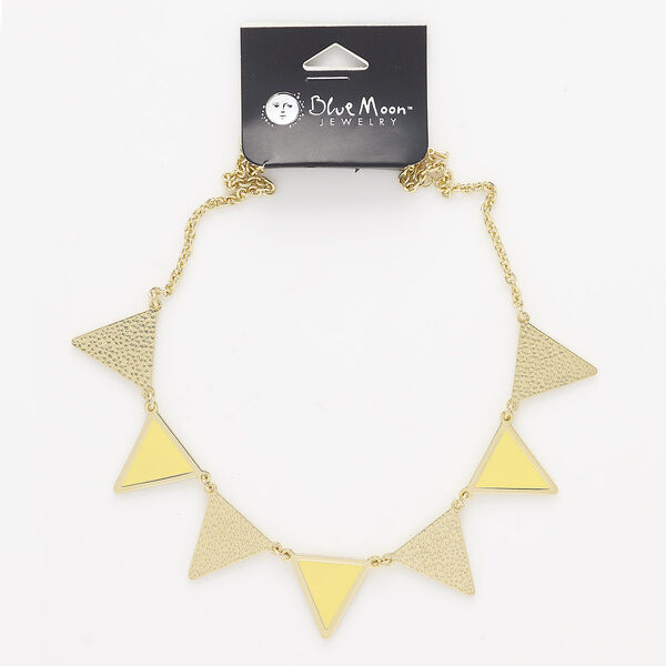 Necklace, enamel / gold-finished "pewter" (zinc-based alloy) / steel, yellow, 28x28x24mm triangle, 18 inches with 2-1/2 inch extender chain and lobster claw clasp. Sold individually. image number 0