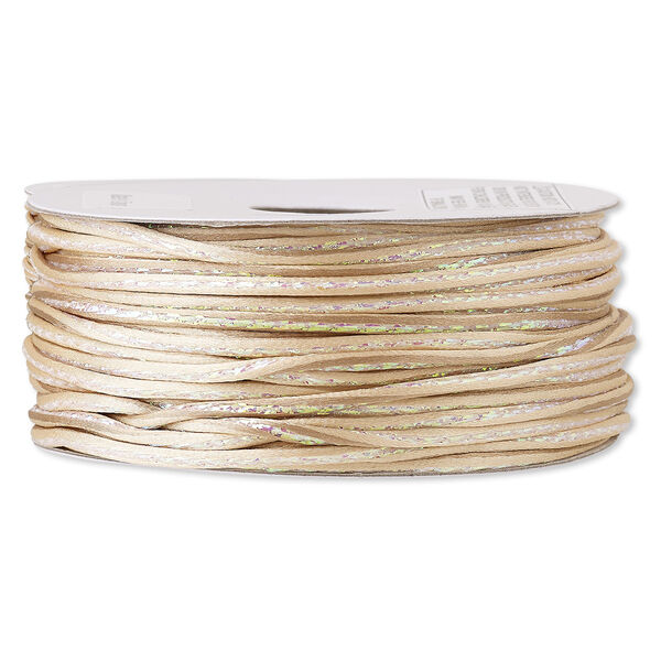 Cord, Satinique™, nylon and polyester, beige / green / pink, 2mm regular with vertical stripe. Sold per 100-foot spool. image number 0