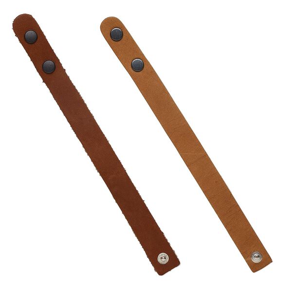 Bracelet mix, leather (natural / dyed) and steel, brown and/or black, 9 x 3/4 inch smooth wristband, fits up to 7-inch wrist. Sold per pkg of 2. image number 0