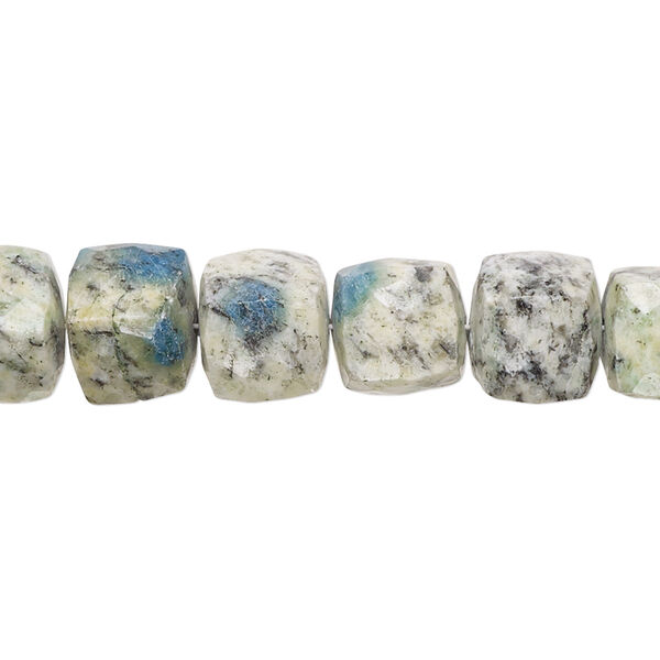 Bead, K2 "jasper" (granite and azurite) (natural), 9-10mm hand-cut faceted cube with 0.4-1.4mm hole, B grade, Mohs hardness 3-1/2 to 7. Sold per 8-inch strand, approximately 20 beads. image number 0