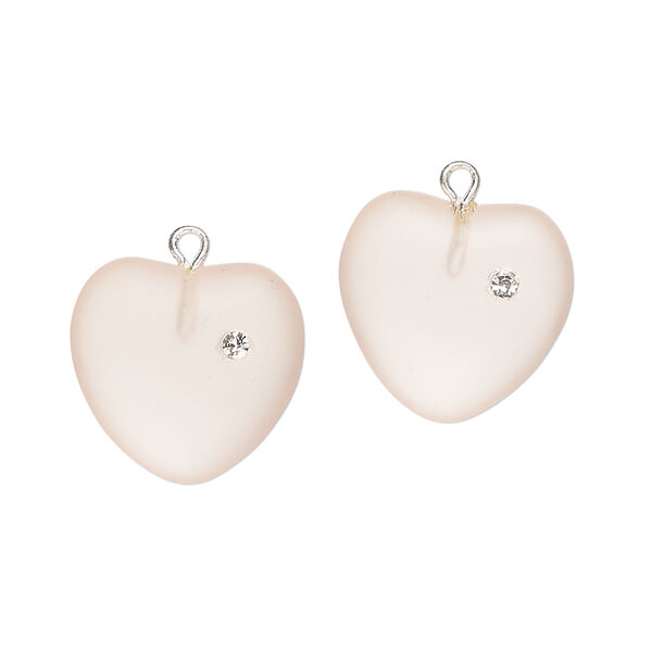 Drop 1pkg2, silver-plated brass / glass / cubic zirconia, translucent pink and clear, 16mm frosted heart. image number 0