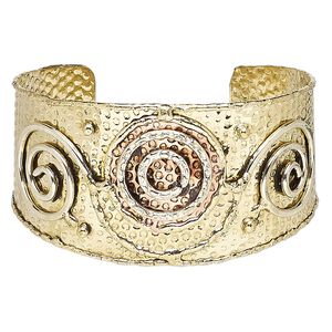 Bracelet, cuff, copper-plated and gold-finished brass, 40mm wide with hammered / circle / spiral design, adjustable from 7-1/2 to 8-1/2 inches. Sold individually.