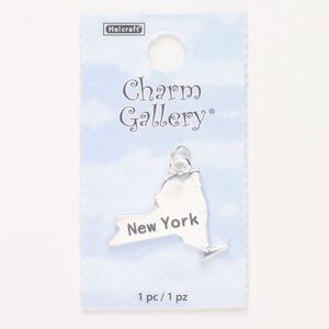 Charm, steel and enamel, pkg/1, silver finish and black, 26x19mm with "New York."