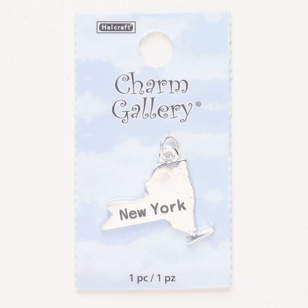 Charm, steel and enamel, pkg/1, silver finish and black, 26x19mm with "New York." image number 0