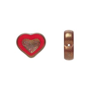 Bead, Preciosa Czech pressed glass, opaque red, antique gold finish, 14x12mm heart. Sold per pkg of 5.