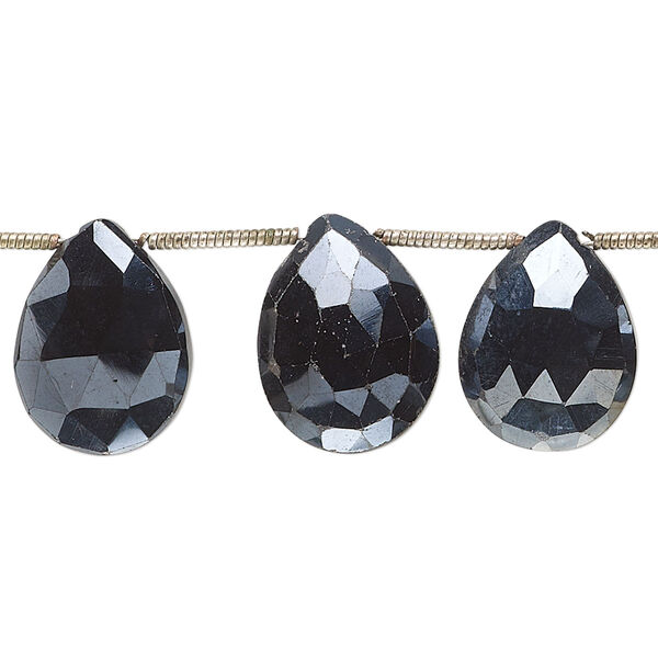 Bead, black spinel (coated), 15x12mm-17x13mm hand-cut faceted puffed teardrop, B grade, Mohs hardness 8. Sold per pkg of 13. image number 0