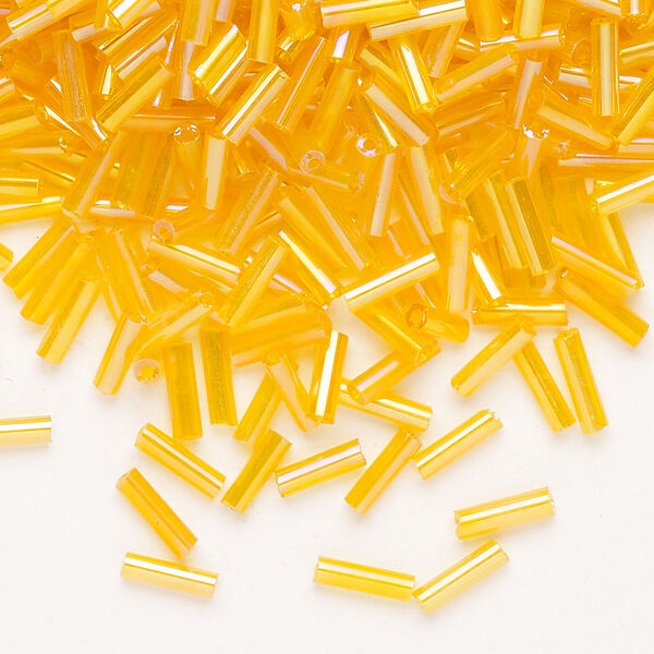 Bead, Ming Tree™, bugle bead, glass, pkg/1/4 pound, 1/4 inch, rainbow translucent orange. image number 0