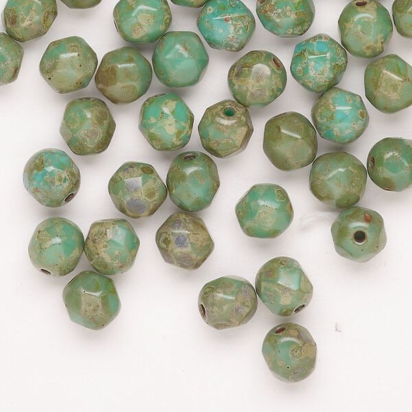 Bead Czech fire-polished glass 78pk 6mm faceted round, opaque green travertine image number 0