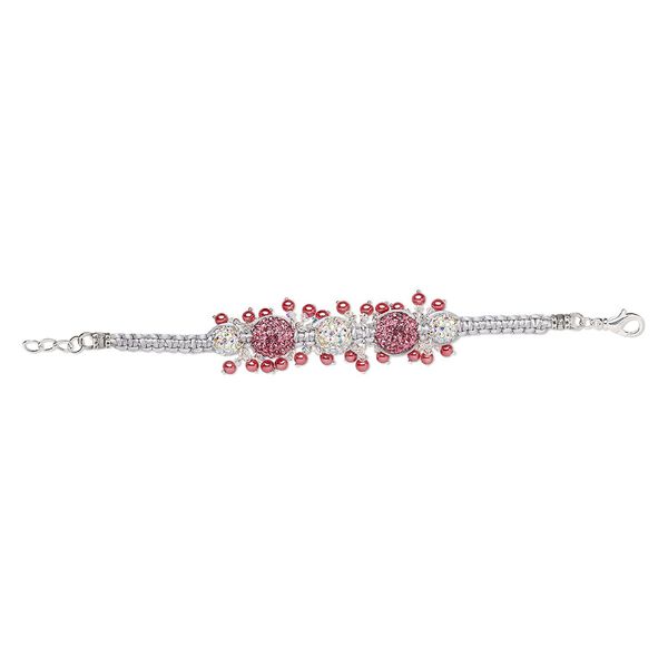 Bracelet, One of a Kind Jewelry, glass / glass rhinestone / epoxy / resin / satin, pink / white / grey, 6-1/2 inches with springring clasp. Only one available. image number 0