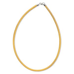 Necklace, imitation leather with imitation rhodium-finished silver and brass, yellow, 3-4mm, 18 inches with lobster claw clasp. Sold individually.