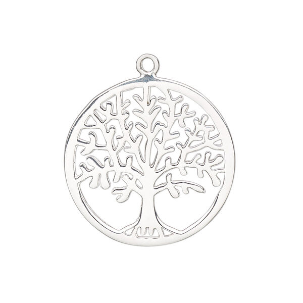 Drop, sterling silver, 25mm double-sided flat round with cutout tree of life. Sold individually. image number 0