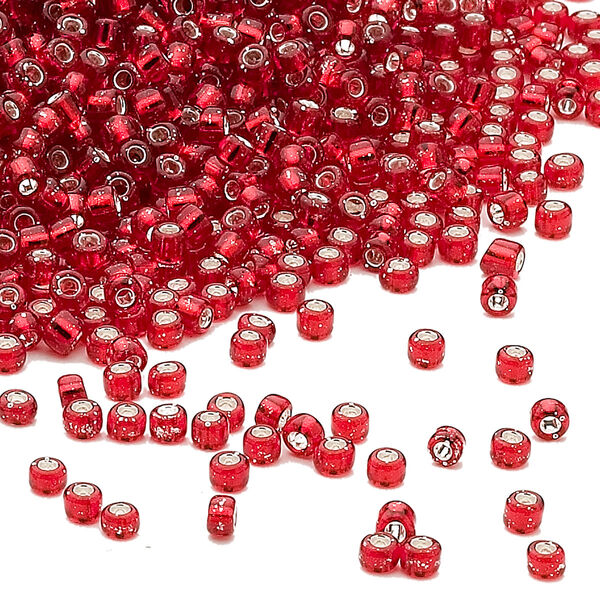 Seed bead, Dyna-Mites™, glass, pkg/40g, #11 round, transparent silver-lined ruby red, (38:RR 11/0 RR). image number 0