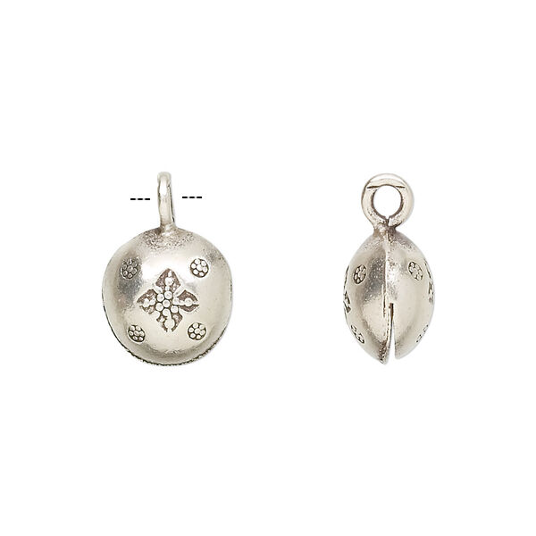 Bell, Hill Tribes, antiqued sterling silver, 12x11mm round with clapper and flower design. Sold individually. image number 0