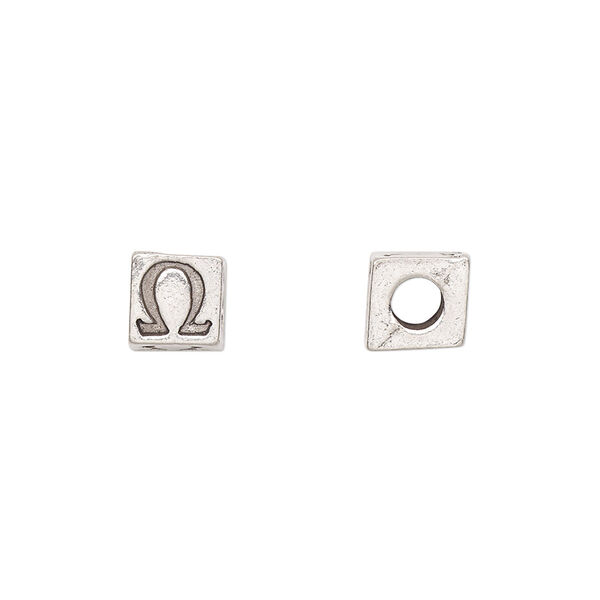 Bead, antiqued pewter (tin-based alloy), 7mm cube with Greek letter, OMEGA. Sold per pkg of 4. image number 0
