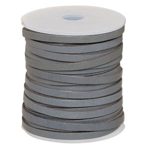 Cord, leather, grey, 4mm flat. Sold per 25-yard spool.