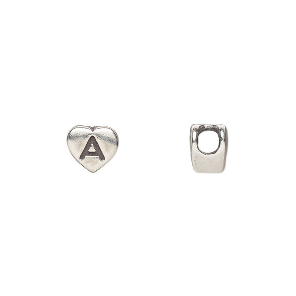 Bead, sterling silver, 7.5x7mm heart with alphabet letter "A." Sold individually. image number 0