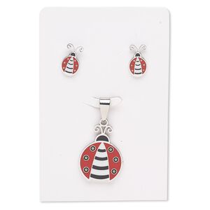 Pendant and earring, enamel and stainless steel, red / black / white, 27x20mm ladybug, 15x9mm ladybug with post. Sold per set.