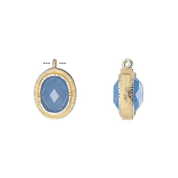 Drop, chalcedony (dyed) and gold-finished sterling silver, blue, 13x11mm double-sided faceted oval. Sold individually. image number 0