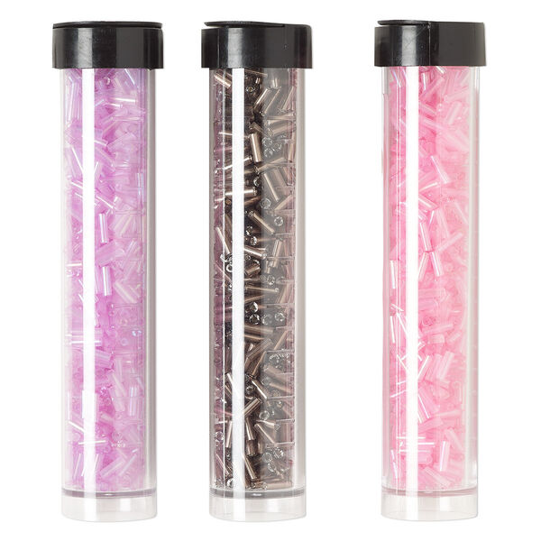 Bugle bead mix, Ming Tree™, glass, translucent and transparent amethyst purple / lilac / rose, 1/4 inch. Sold per pkg of (3) 4 x 3/4 inch vials, approximately 2,100 beads. image number 0