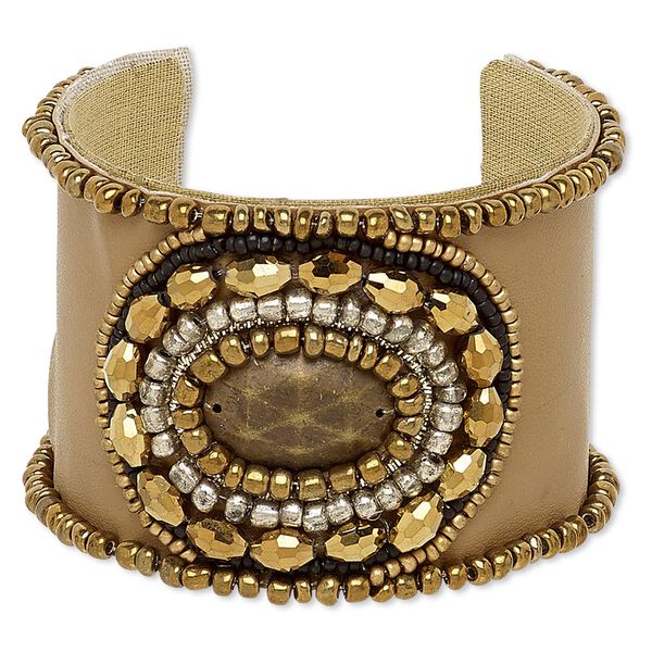 Bracelet, cuff, acrylic / leatherette / cotton / glass / steel, multicolored, 53mm wide with oval design, adjustable from 6-1/2 to 7 inches. Sold individually. image number 0