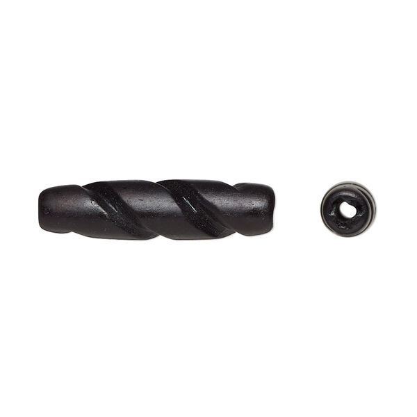 Bead, bone (dyed), black, 24x6mm-24x8mm hand-cut carved hairpipe with spiral design, Mohs hardness 2-1/2. Sold per pkg of 20. image number 0
