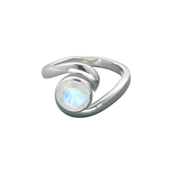 Ring, rainbow moonstone (natural) and sterling silver, 8mm faceted round, size 7. Sold individually. image number 0