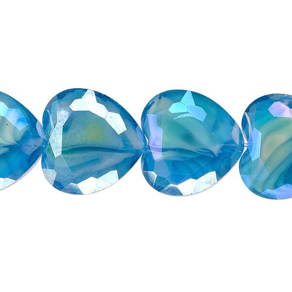 Bead, millefiori glass, marbled aqua blue AB, 16x16mm faceted heart. Sold per 8-inch strand, approximately 10 beads. image number 0