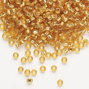 Seed bead, Miyuki, glass, pkg/50g, #8 rocaille, transparent silver-lined dark gold (RR-4).
