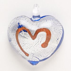 Focal, lampworked glass, pkg/1, opaque cobalt blue and red with silver-colored foil, 33x29mm-36x32mm puffed heart with heart design.