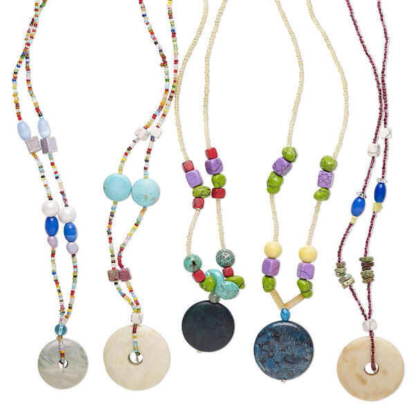 Necklace mix, multi-gemstone (natural / dyed / heated / imitation) / acrylic / glass / waxed cotton cord, multicolored, 3x2mm-49x48mm mixed shape, 16- to 24-inch adjustable and continuous loop. Sold per pkg of 5. image number 0