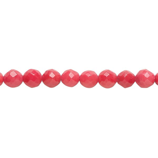 Bead, bamboo coral (dyed), medium to dark red, 5-6mm faceted round, B- grade, Mohs hardness 3-1/2 to 4. Sold per 16-inch strand. image number 0