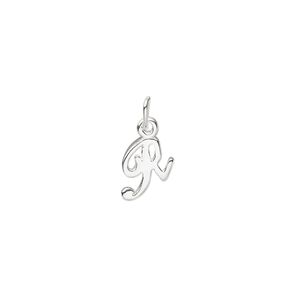 Charm, sterling silver, 9x7mm Champagne cursive alphabet letter "R." Sold individually.