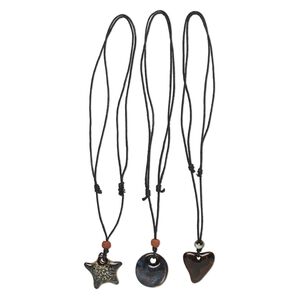 Necklace, waxed cotton cord and porcelain, multicolored, 35mm round / 38x34mm curved heart / 40x37mm star, adjustable 16 to 32 inches with slip knot closure. Sold per pkg of 3.